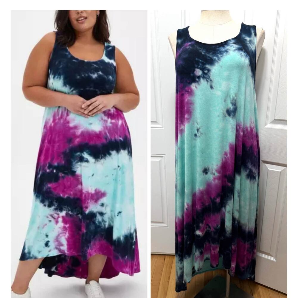 Torrid 2 (2X 18/20) Purple & Blue Tie Dye Super Soft Hi Low Hem Boho Maxi Dress